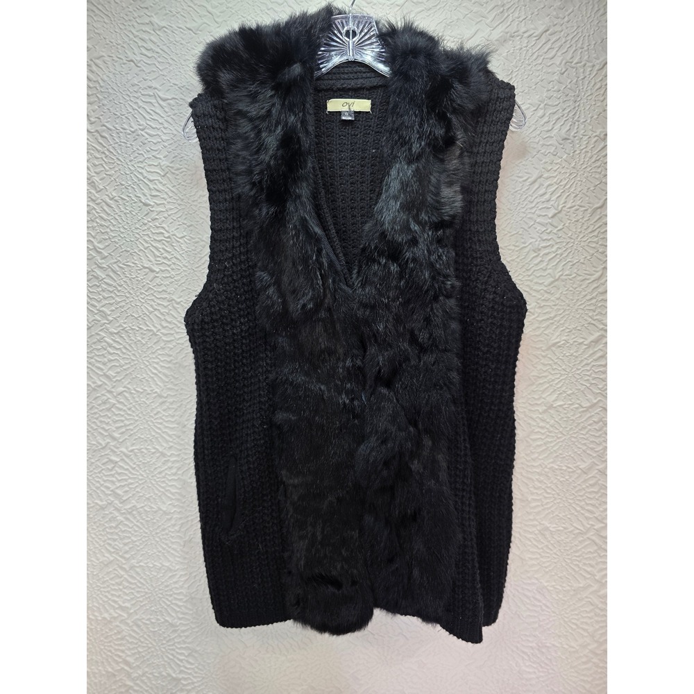 OVI Knit Sweater Vest Women Medium Black Good Real Rabbit Fur Trim Wool Blend